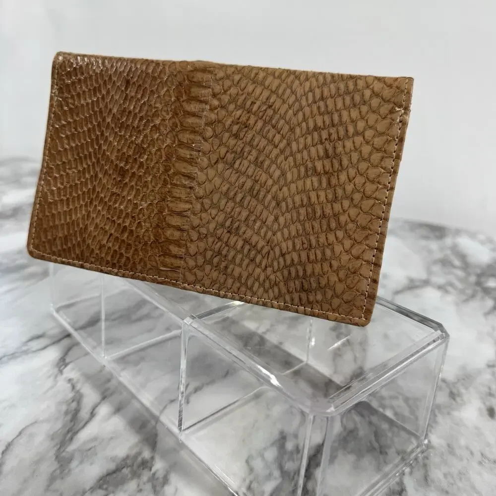 Vintage 60s Python Snakeskin Wallet Brown Leather Bi Fold Folio Style Gold Tone